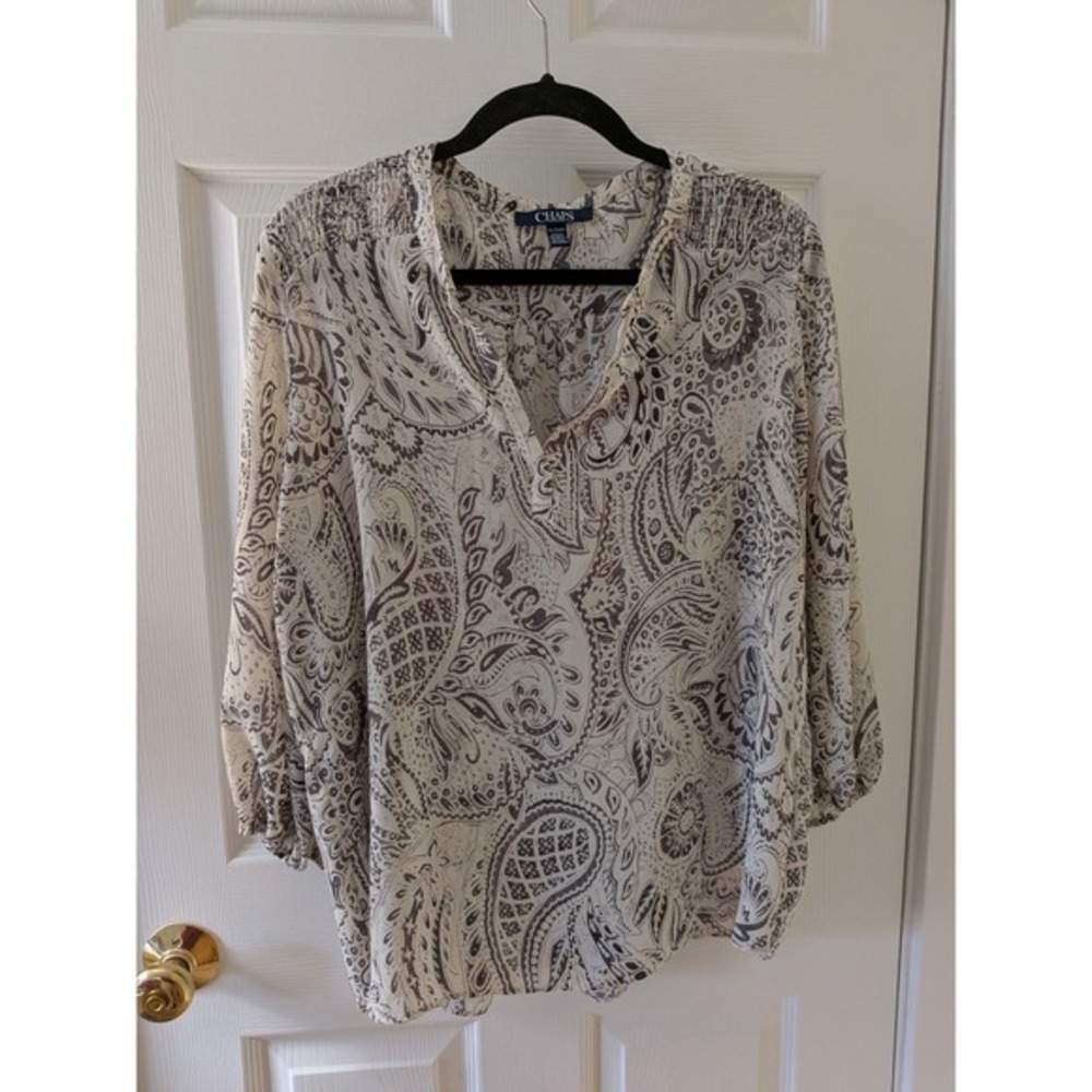 Chaps Womens XL Grey White Paisley Smocked Shoulder Bubble Sleeve Peasant Blouse